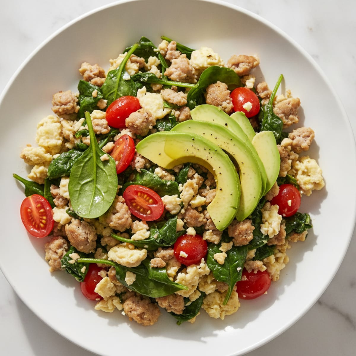 Egg White and Turkey Sausage Scramble with Spinach and Tomatoes
