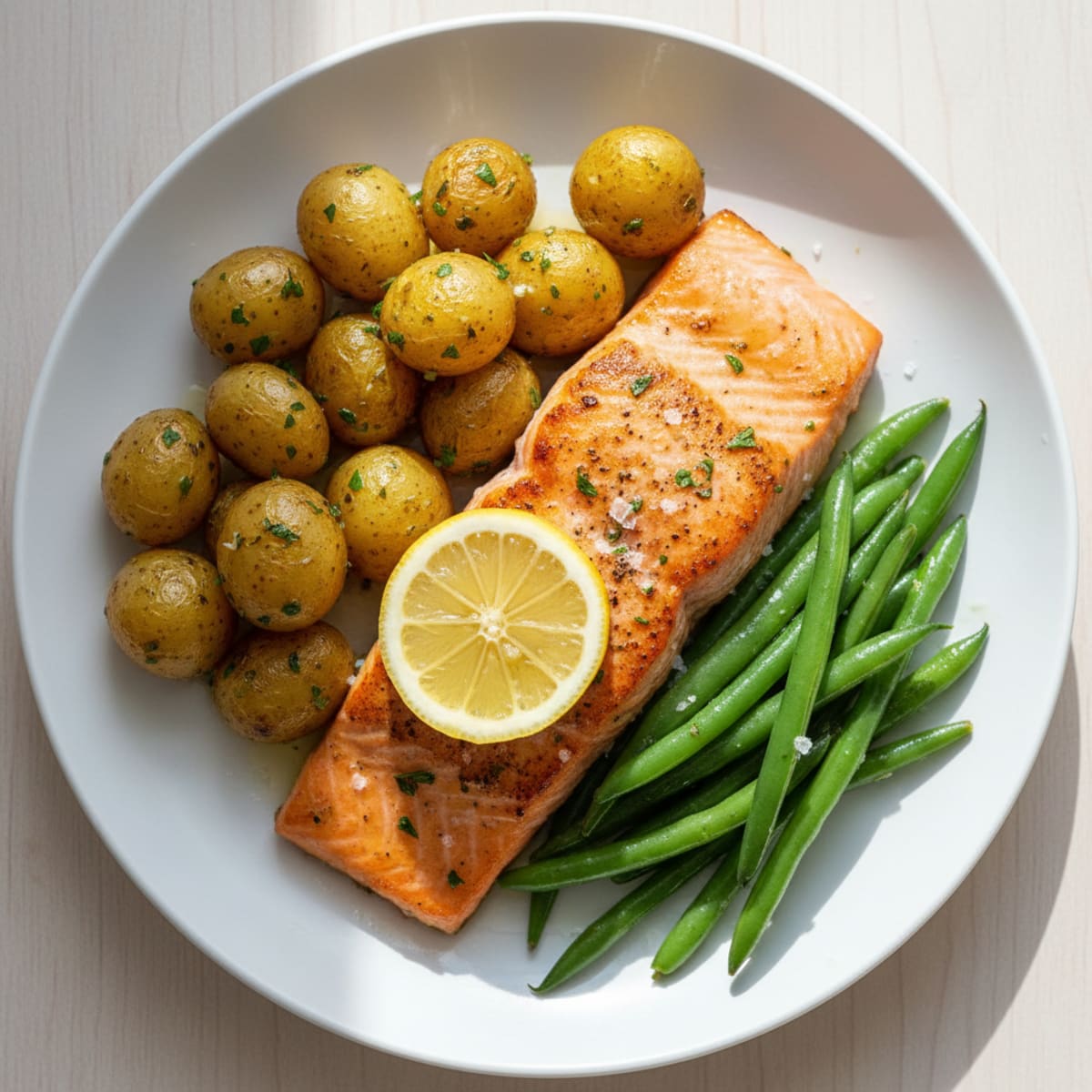 Seared Salmon Fillet with Herb-Roasted Baby Potatoes and Green Beans