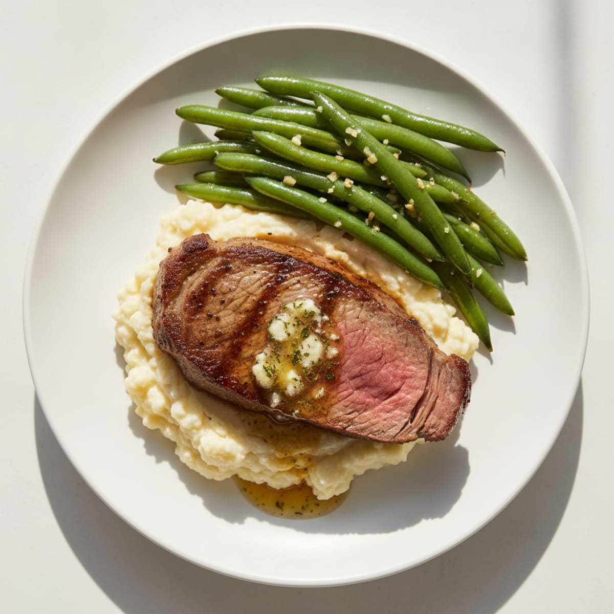 Seared Sirloin Steak with Garlic Green Beans and Mashed Cauliflower