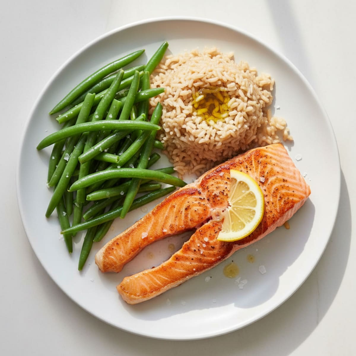 Seared Salmon with Steamed Green Beans and Brown Rice