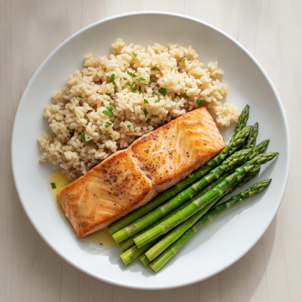 Seared Salmon with Steamed Asparagus and Brown Rice