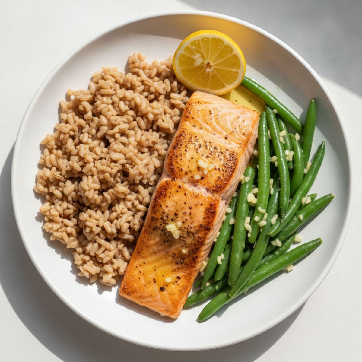 Seared Salmon with Garlic Green Beans and Brown Rice