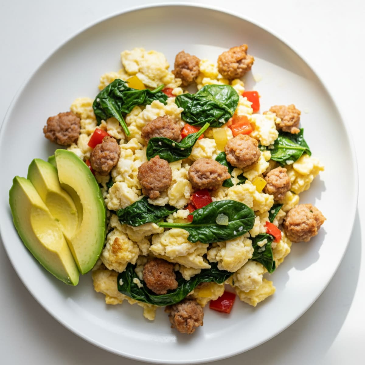 Egg White Scramble with Turkey Sausage and Sautéed Spinach