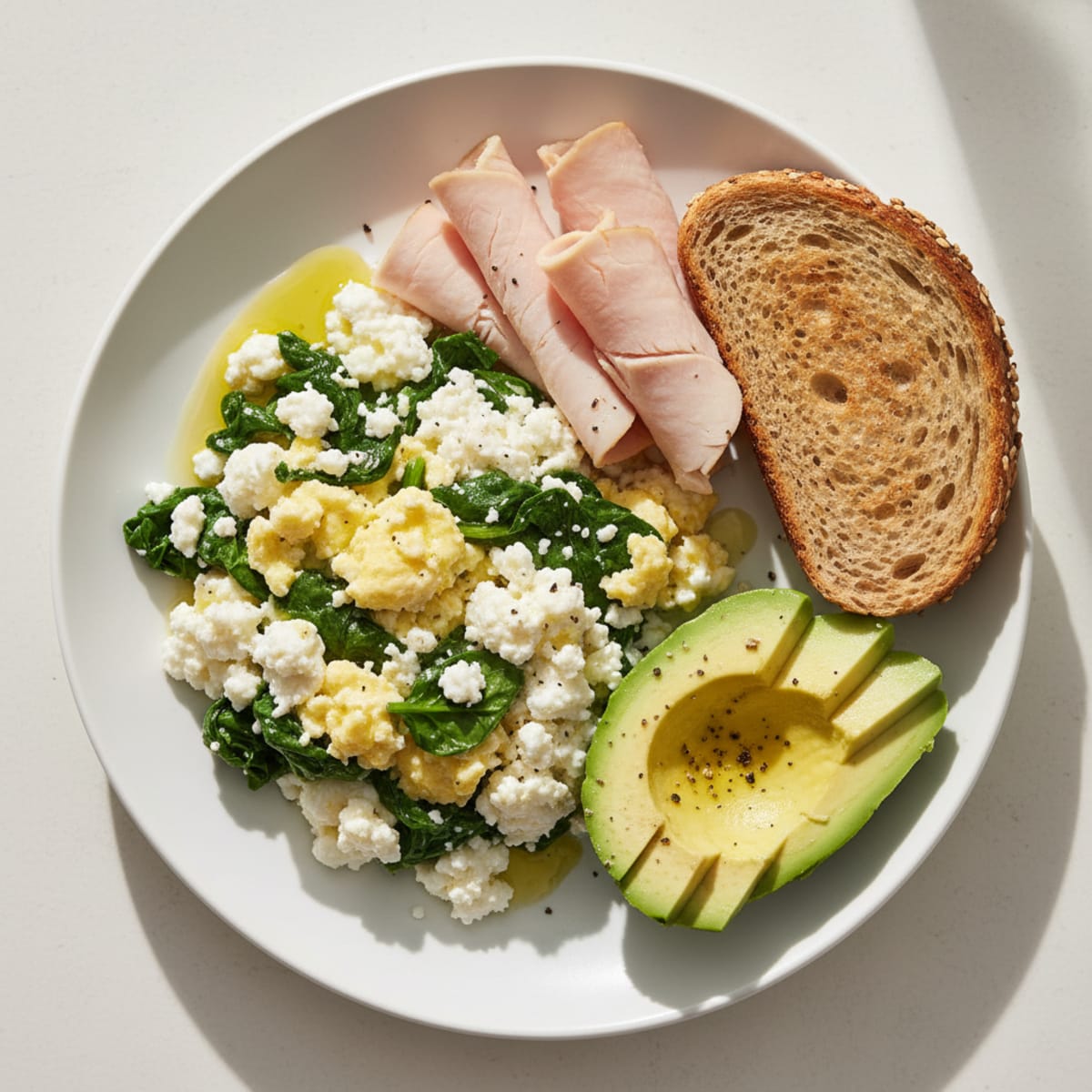 Egg White and Spinach Scramble with Cottage Cheese and Sliced Turkey