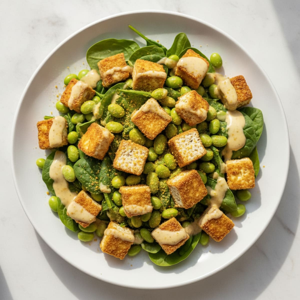 Crispy Tofu and Edamame Salad with Lemon Tahini Dressing