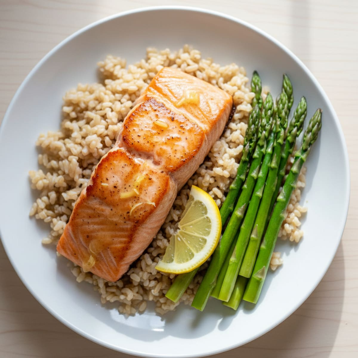 Seared Salmon Fillet with Steamed Asparagus and Brown Rice