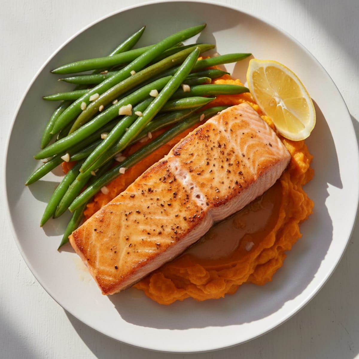 Seared Salmon with Garlic Green Beans and Sweet Potato Mash