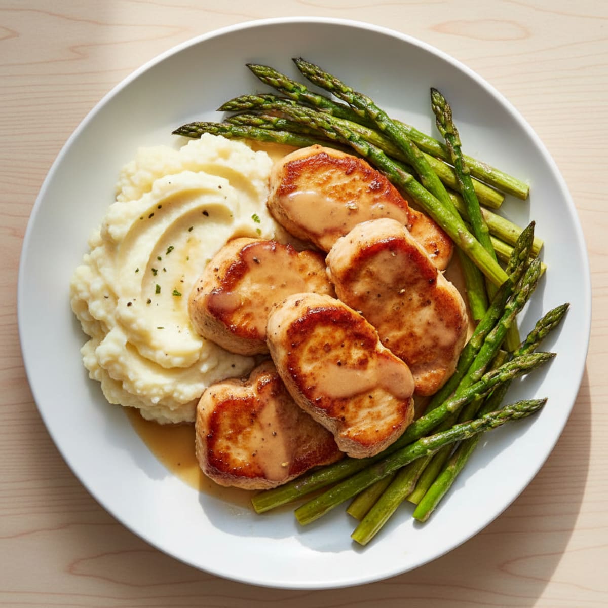 Seared Turkey Cutlets with Roasted Asparagus and Cauliflower Mash