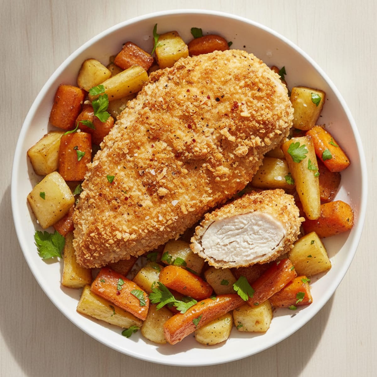 Oven-Fried Chicken with Roasted Root Vegetables