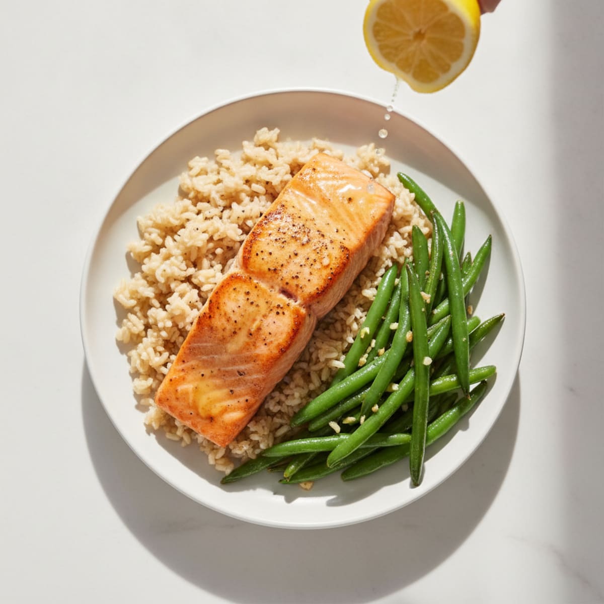 Seared Salmon Fillet with Garlic Green Beans and Brown Rice