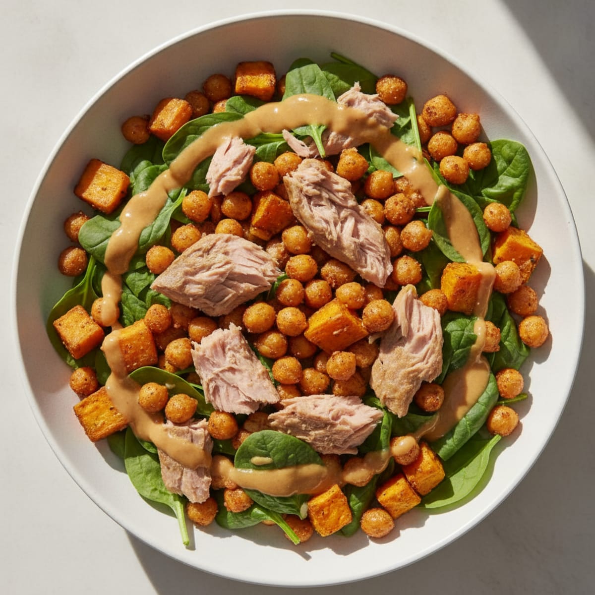 Tuna Chickpea Sweet Potato Bowl with Creamy Peanut-Mustard Dressing