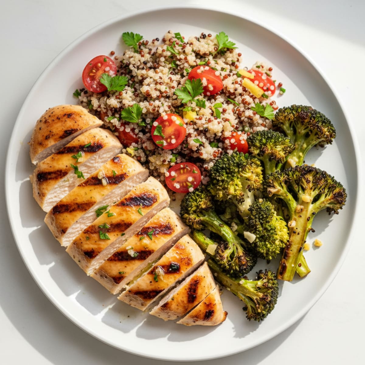 Grilled Chicken Breast with Quinoa Salad and Roasted Broccoli