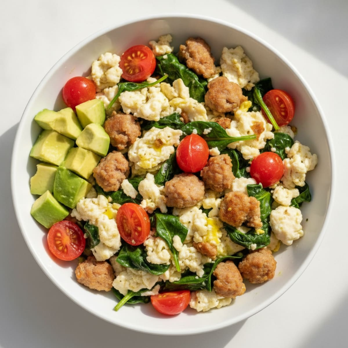 Egg White and Turkey Sausage Scramble with Spinach and Tomatoes