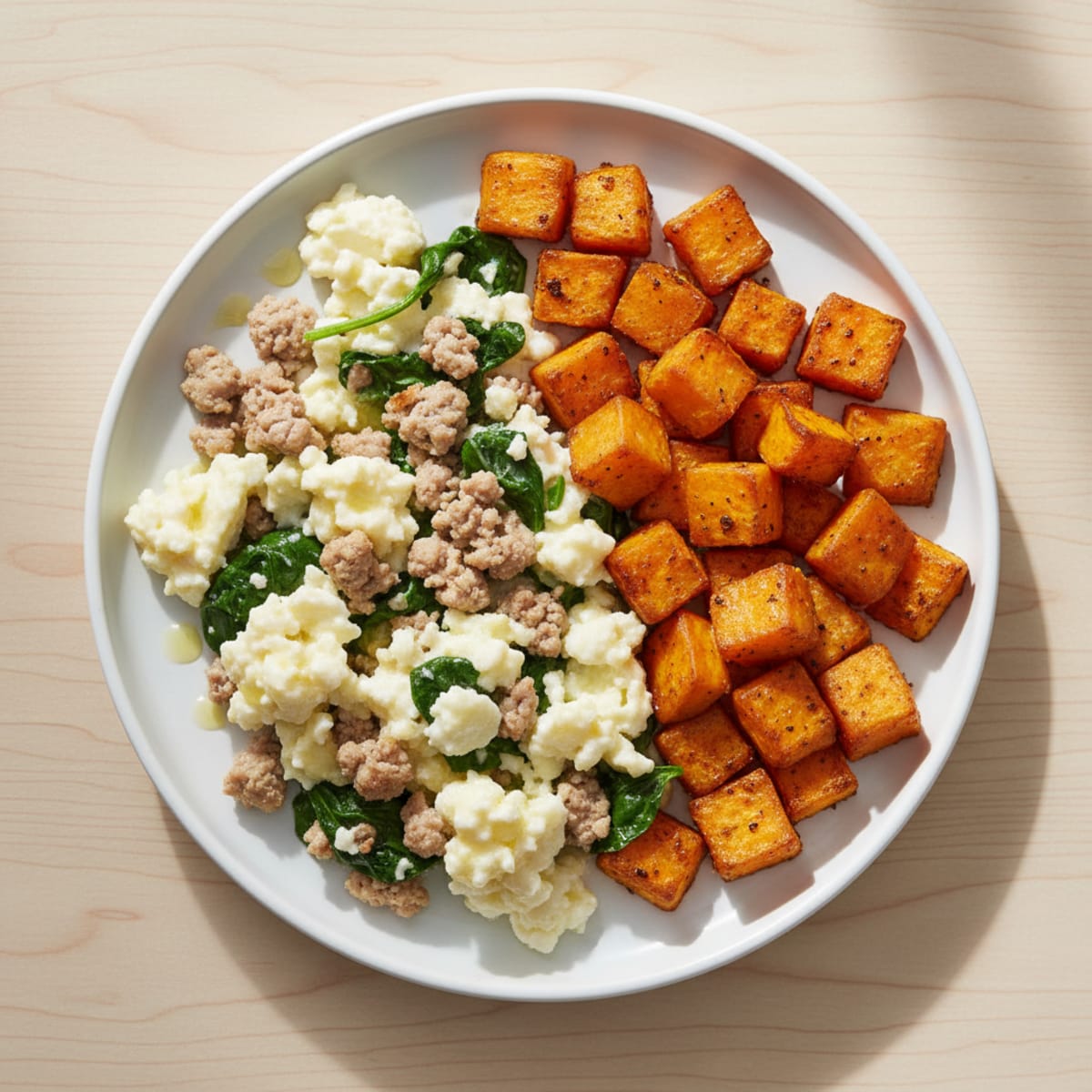 Egg White and Turkey Spinach Scramble with Roasted Sweet Potato