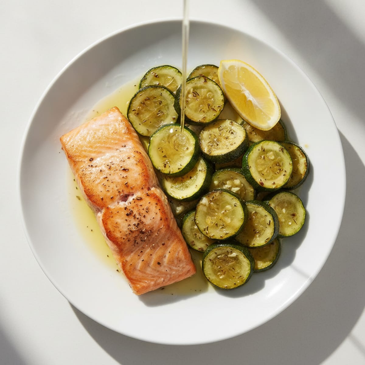 Seared Salmon with Roasted Zucchini and Lemon
