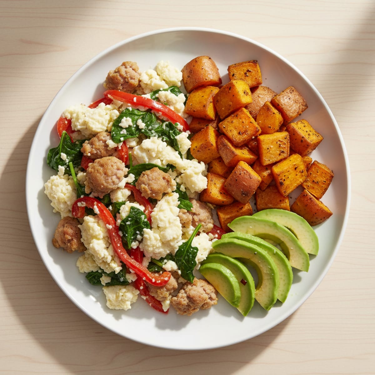 Egg White and Turkey Sausage Scramble with Roasted Sweet Potatoes