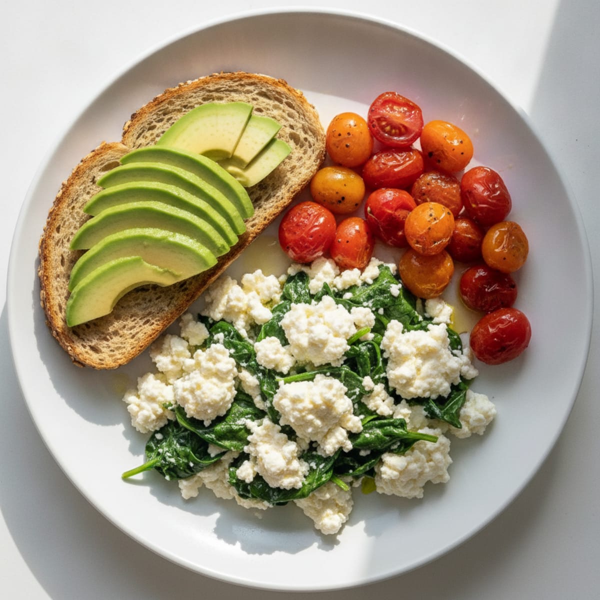 Egg White and Spinach Scramble with Cottage Cheese and Sautéed Cherry Tomatoes