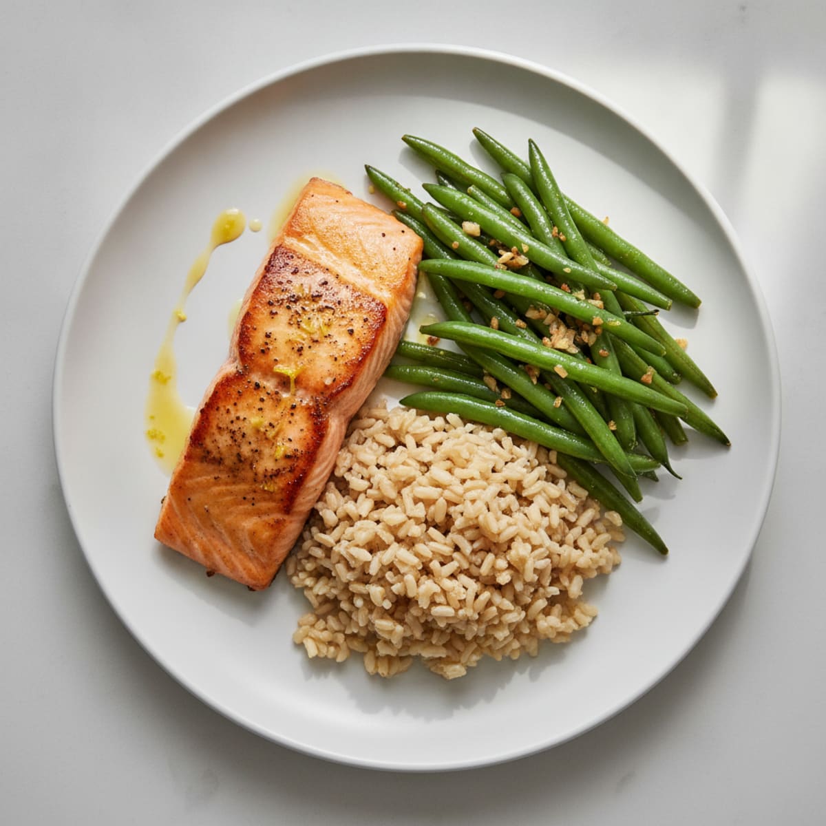 Seared Salmon Fillet with Garlic Green Beans and Brown Rice