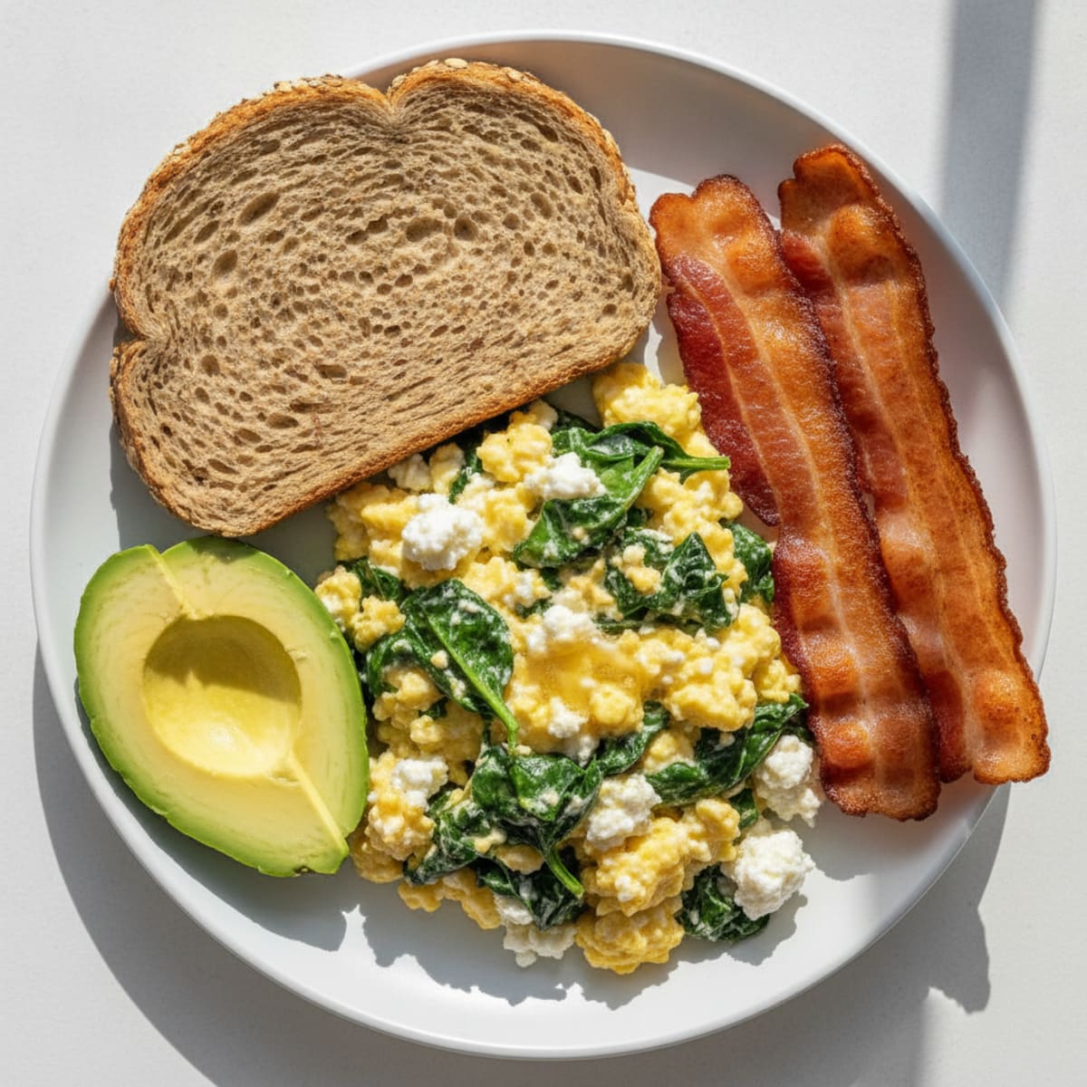 Cottage Cheese Egg Scramble with Spinach and Turkey Bacon