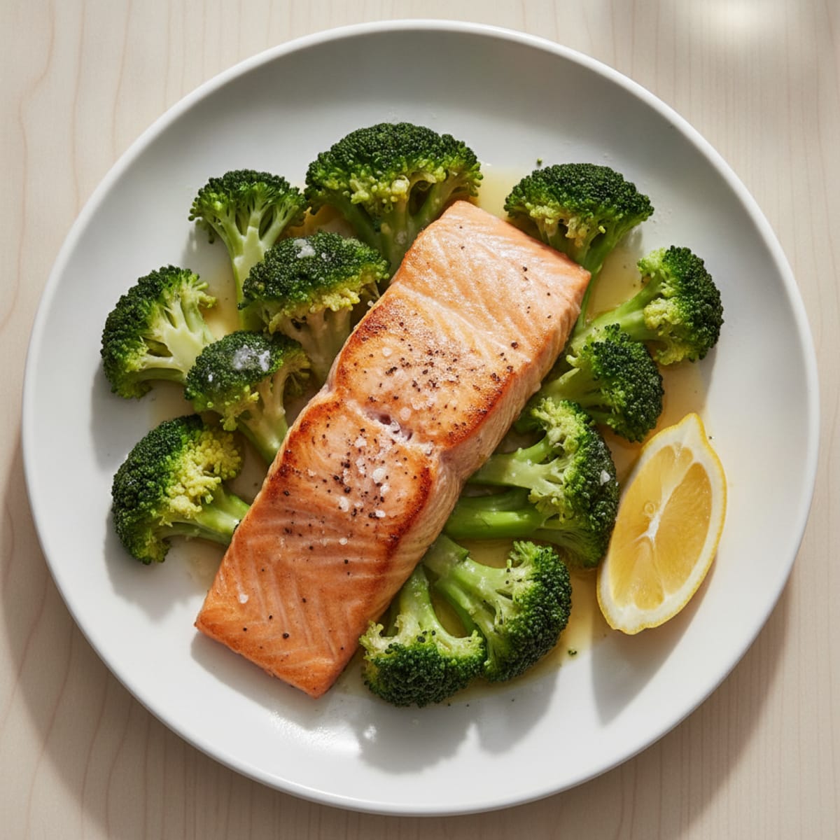 Seared Salmon Fillet with Steamed Broccoli and Lemon