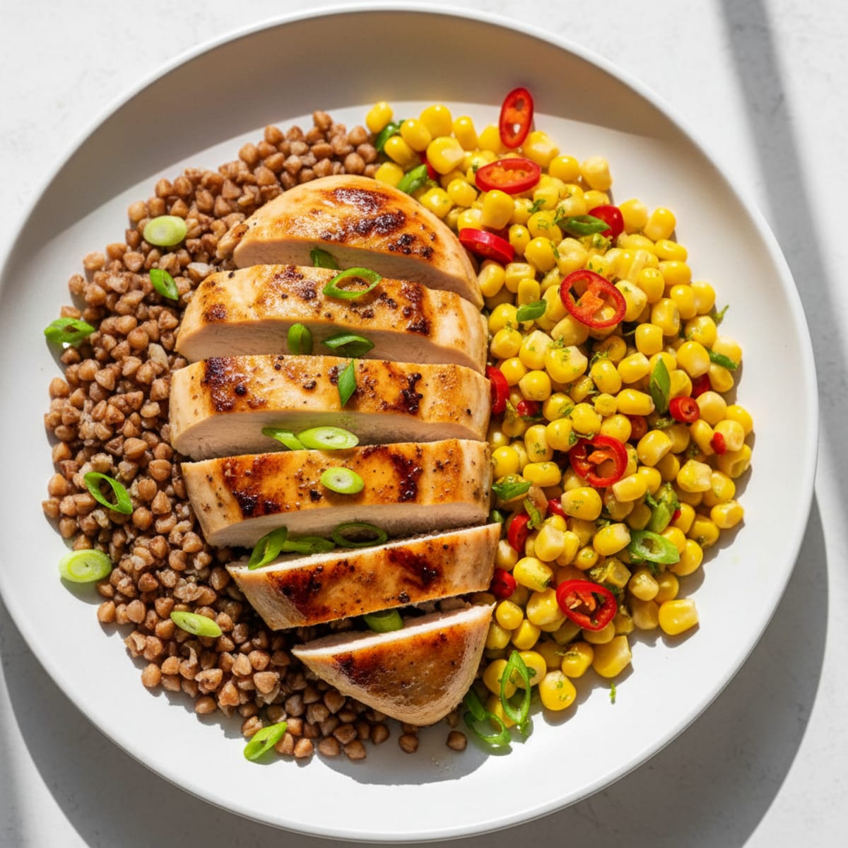 Grilled Chicken Breast with Buckwheat and Steamed Chili-Sweet Corn