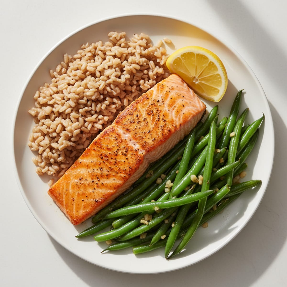 Seared Salmon with Garlic Green Beans and Brown Rice