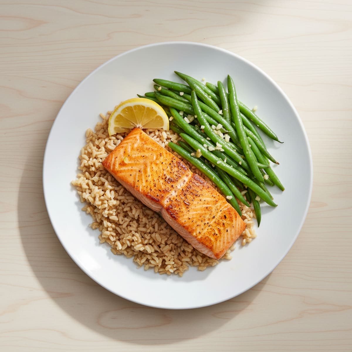 Seared Salmon Fillet with Garlic Green Beans and Brown Rice