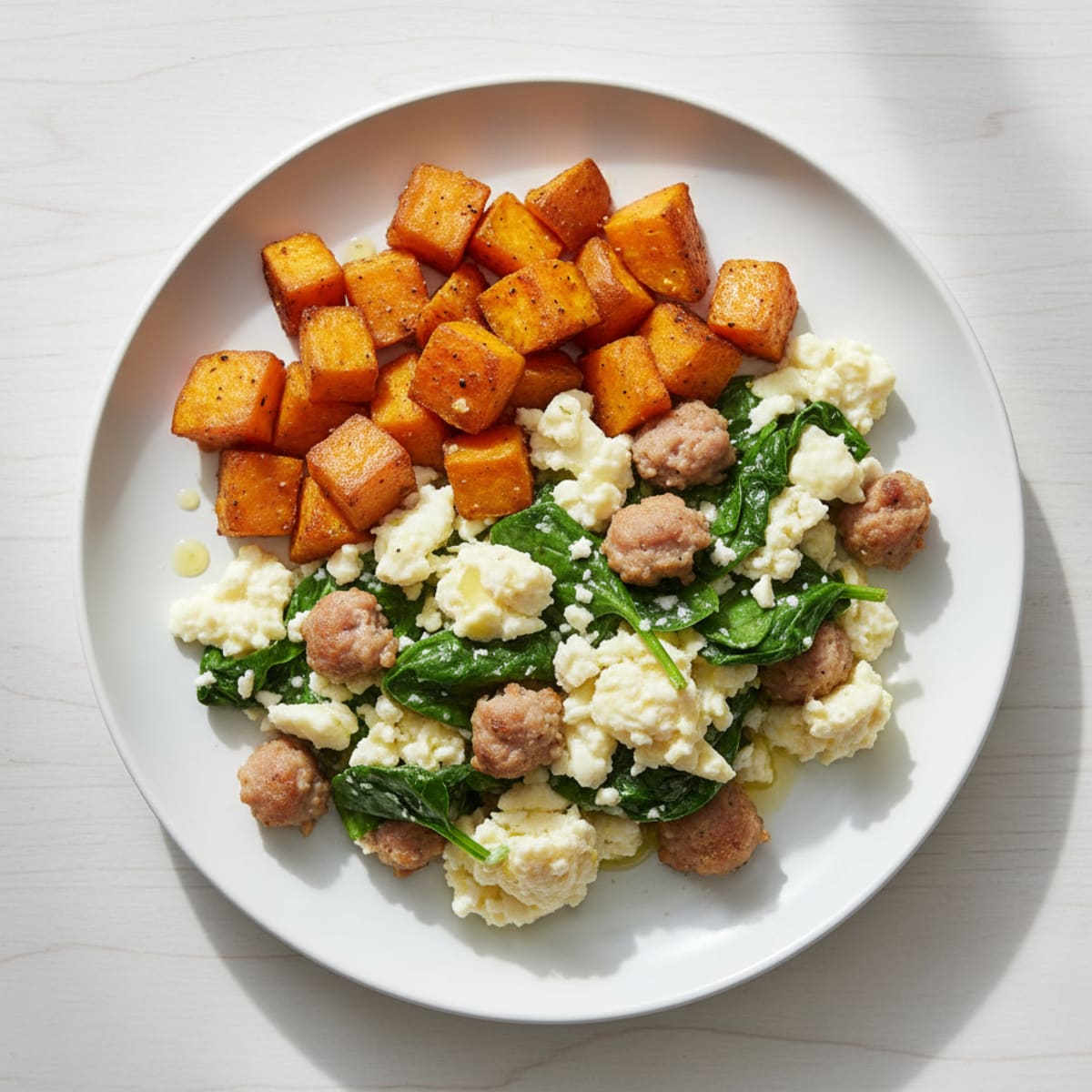 Egg White and Turkey Sausage Scramble with Spinach and Roasted Sweet Potatoes
