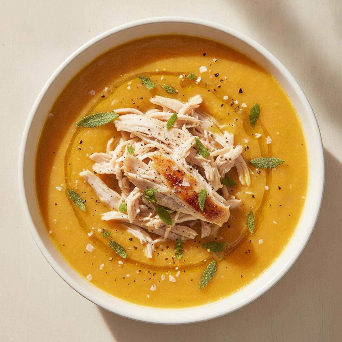 Roasted Butternut Squash Soup with Sage and Shredded Chicken