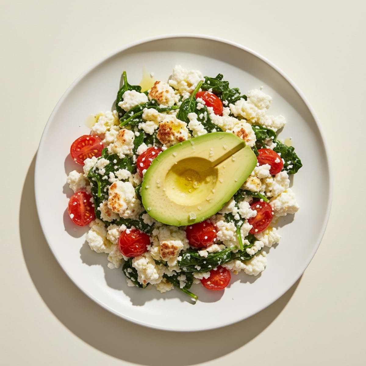 Cottage Cheese Egg White Scramble with Spinach and Cherry Tomatoes