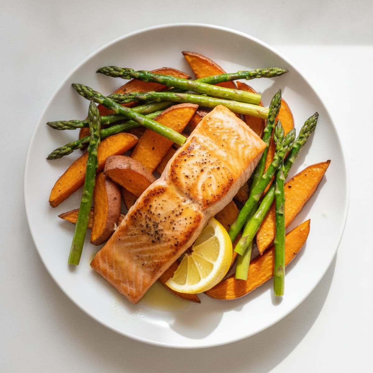 Seared Salmon Fillet with Roasted Sweet Potato and Asparagus