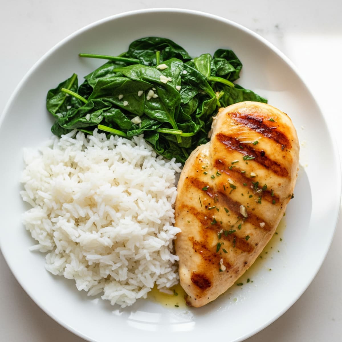 Grilled Chicken Breast with Steamed Rice and Sautéed Spinach