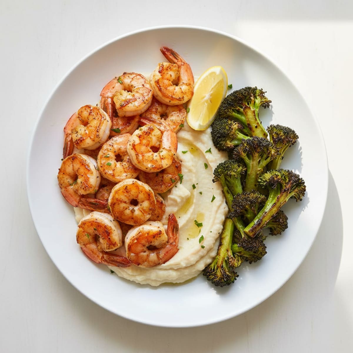 Seared Shrimp with Creamy White Bean Mash and Roasted Broccoli