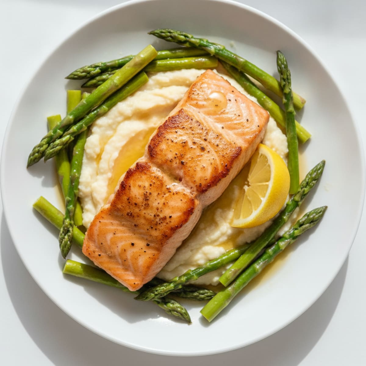 Seared Salmon with Steamed Asparagus and Cauliflower Mash
