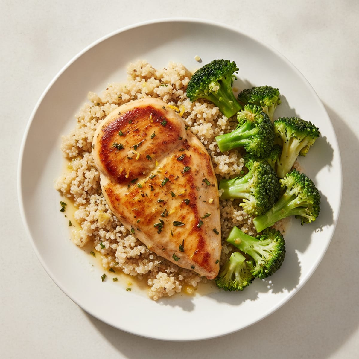 Seared Lemon Herb Chicken Breast with Steamed Broccoli and Quinoa