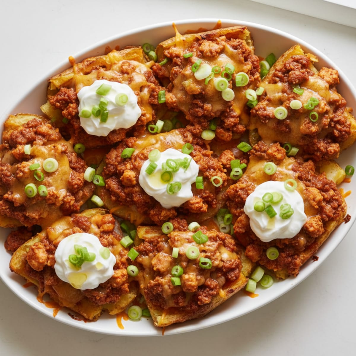 Loaded Chili Cheese Potato Skins