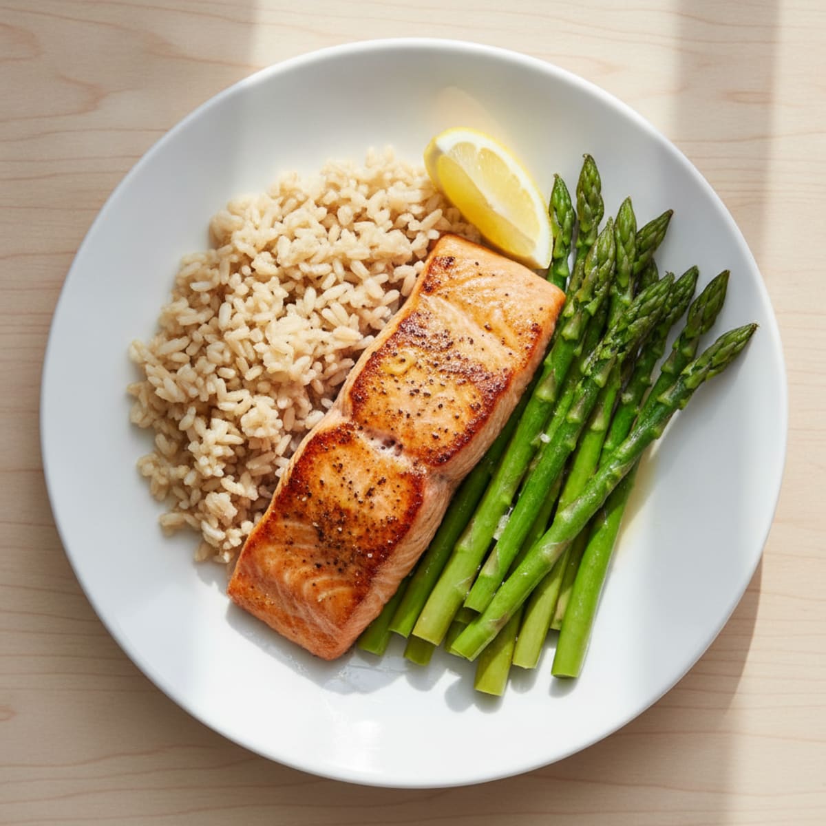 Seared Salmon Fillet with Steamed Asparagus and Brown Rice