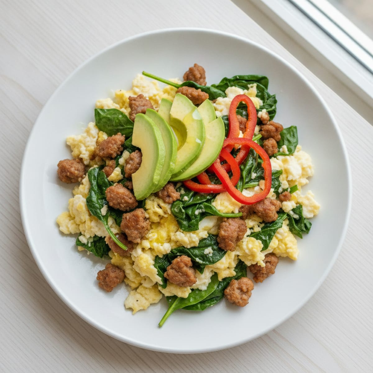 Egg White Scramble with Turkey Sausage and Spinach