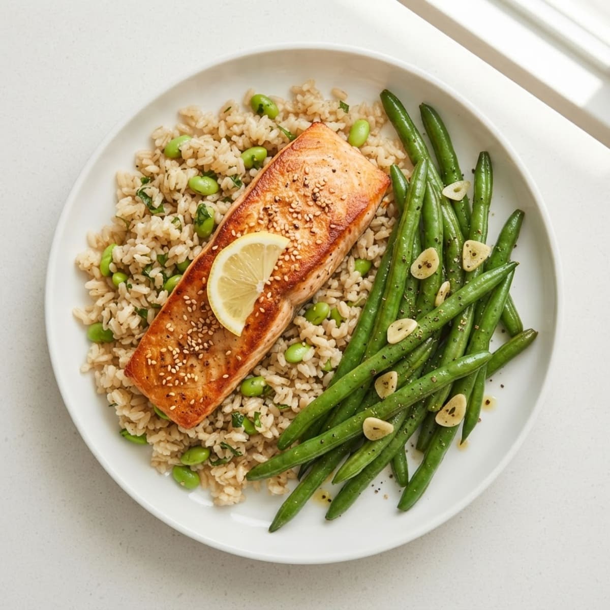 Seared Salmon Fillet with Garlic Green Beans and Brown Rice