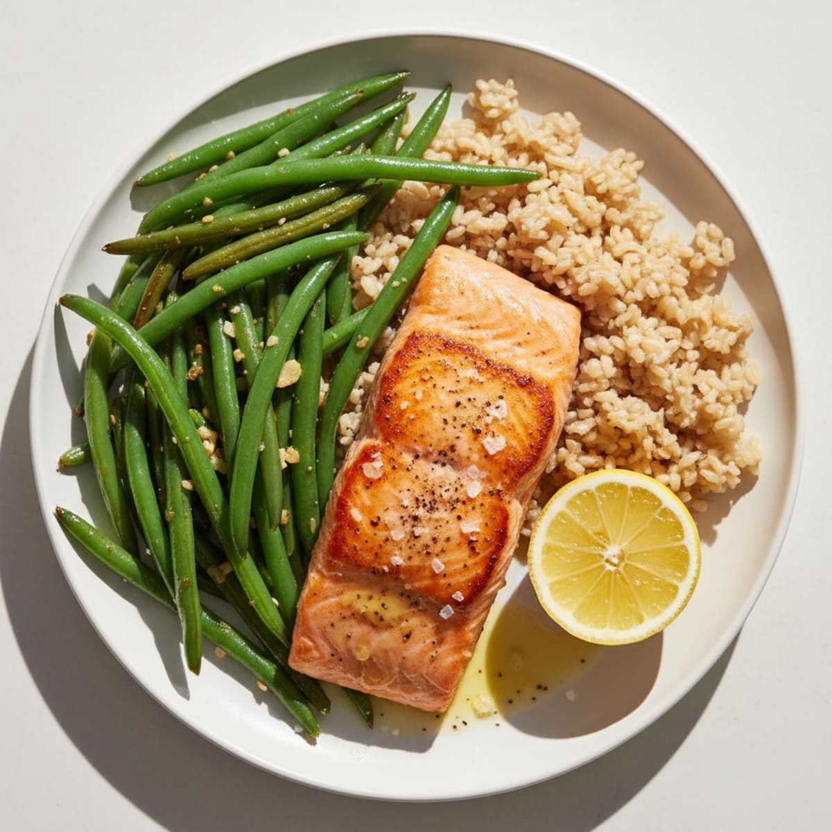 Seared Salmon Fillet with Garlic Green Beans and Brown Rice