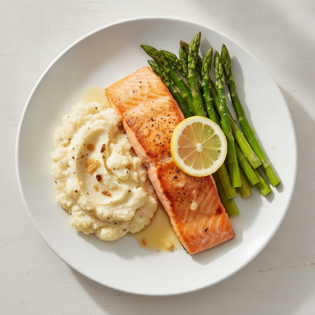 Seared Salmon with Steamed Asparagus and Garlic Mashed Cauliflower