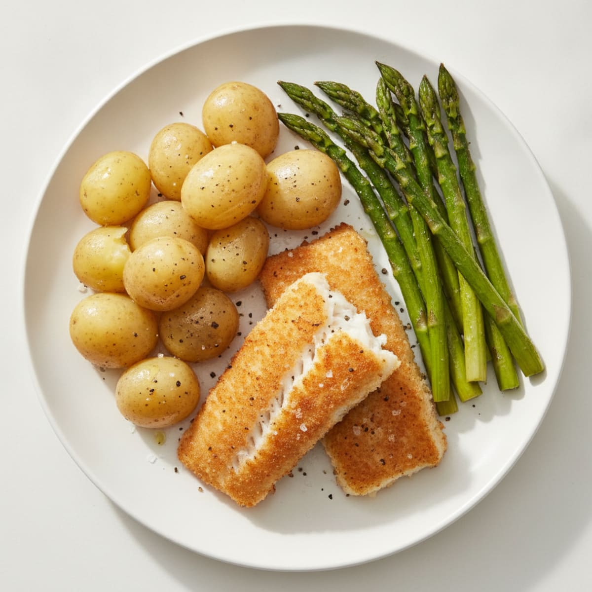 Air-Fried Cod with Roasted Asparagus and Baby Potatoes