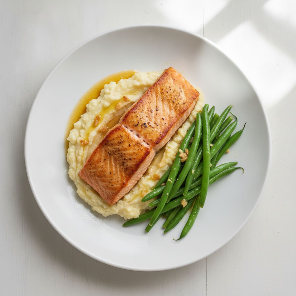 Seared Salmon with Steamed Green Beans and Garlic Mashed Cauliflower