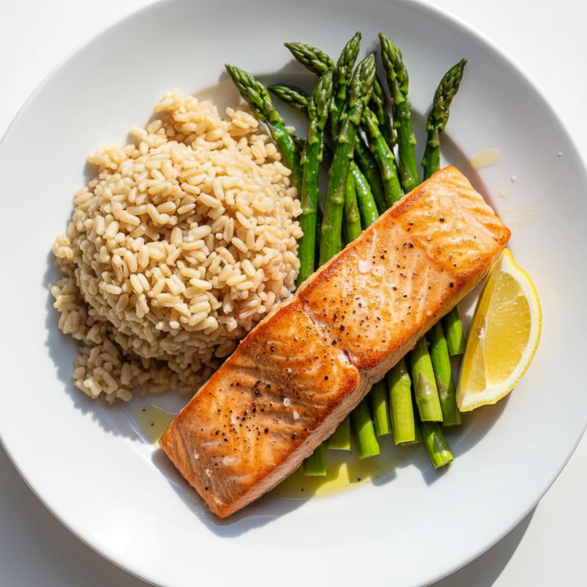 Seared Salmon Fillet with Steamed Asparagus and Brown Rice