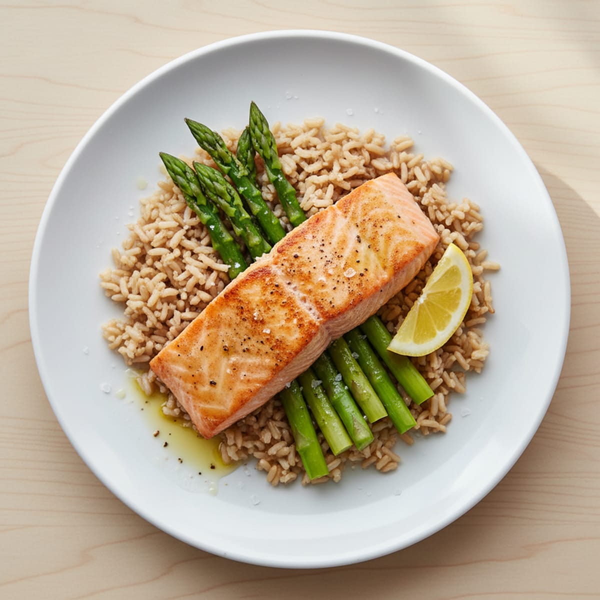 Pan-Seared Salmon with Steamed Asparagus and Brown Rice