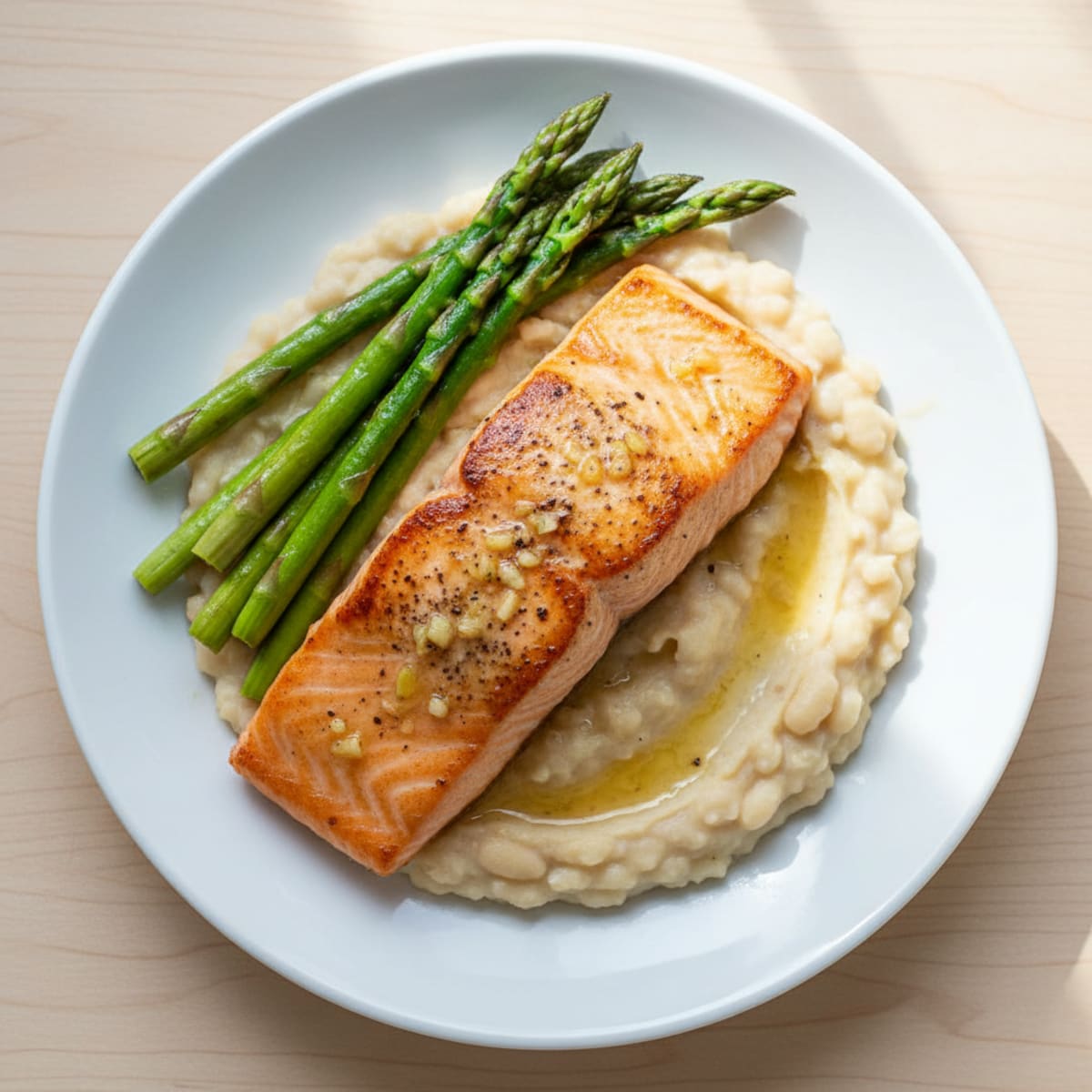 Seared Salmon Fillet with Creamy White Bean Mash and Roasted Asparagus