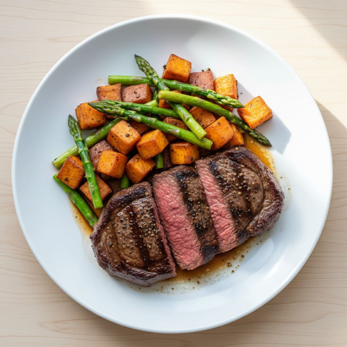 Pan-Seared Sirloin, Sweet Potatoes, Asparagus