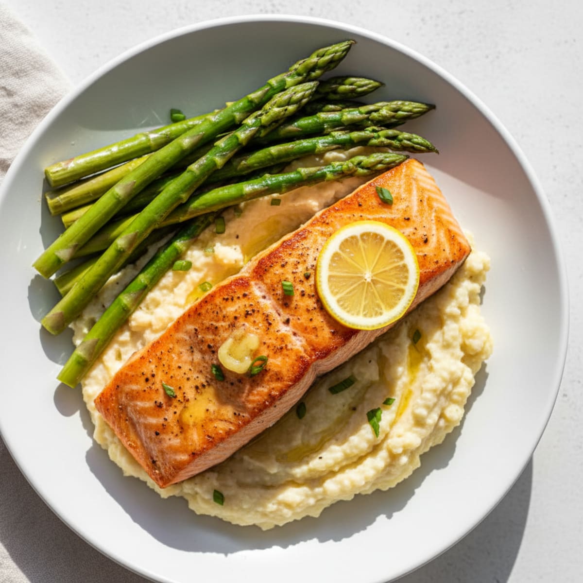 Seared Salmon with Steamed Asparagus and Mashed Cauliflower