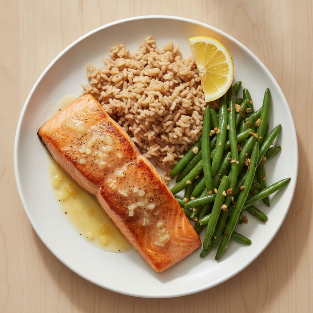 Seared Salmon with Garlic Green Beans and Brown Rice