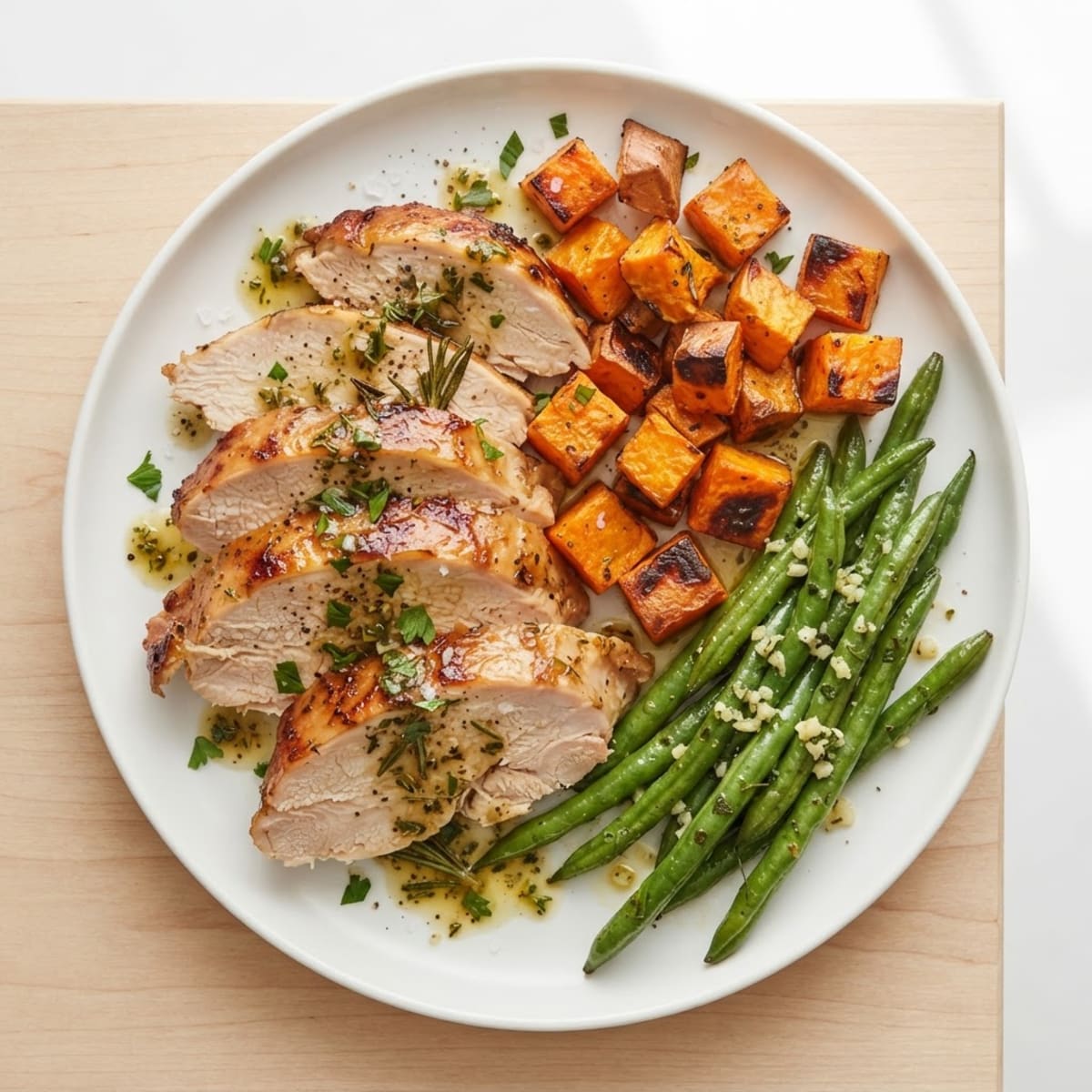 Sheet Pan Garlic Herb Turkey Breast with Roasted Sweet Potatoes and Green Beans